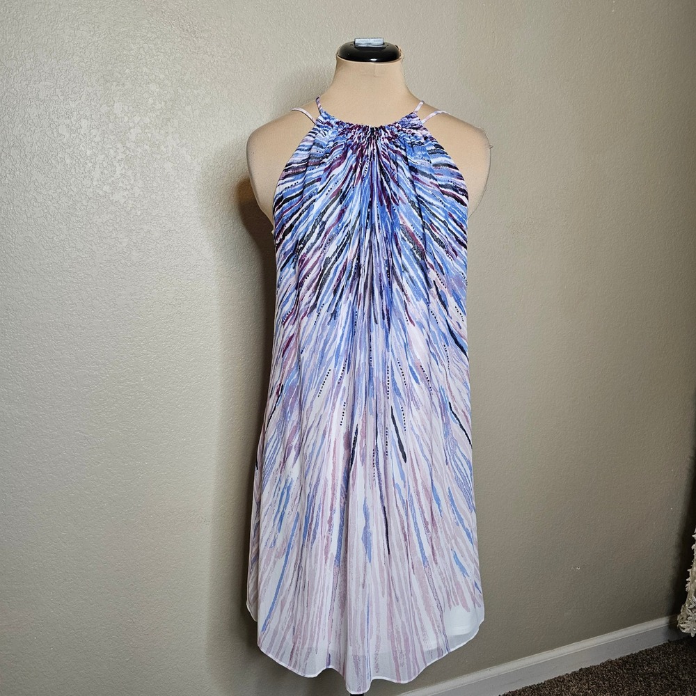 White House Black Market Blue Purple Abstract Halter Dress Rhinestone Small - Picture 2 of 10